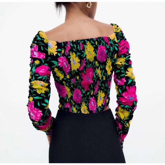 Zara Black Floral Long Sleeve Crop Top Womens Medium Sweetheart Babydoll - Picture 3 of 12